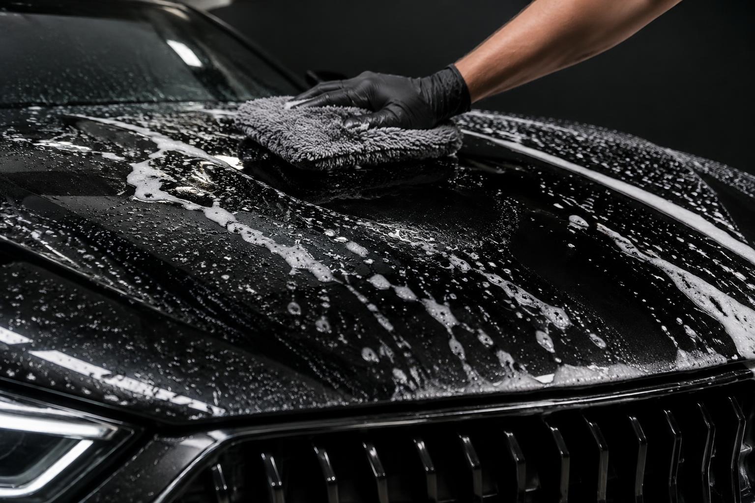 Black car hood being hand washed during professional detailing