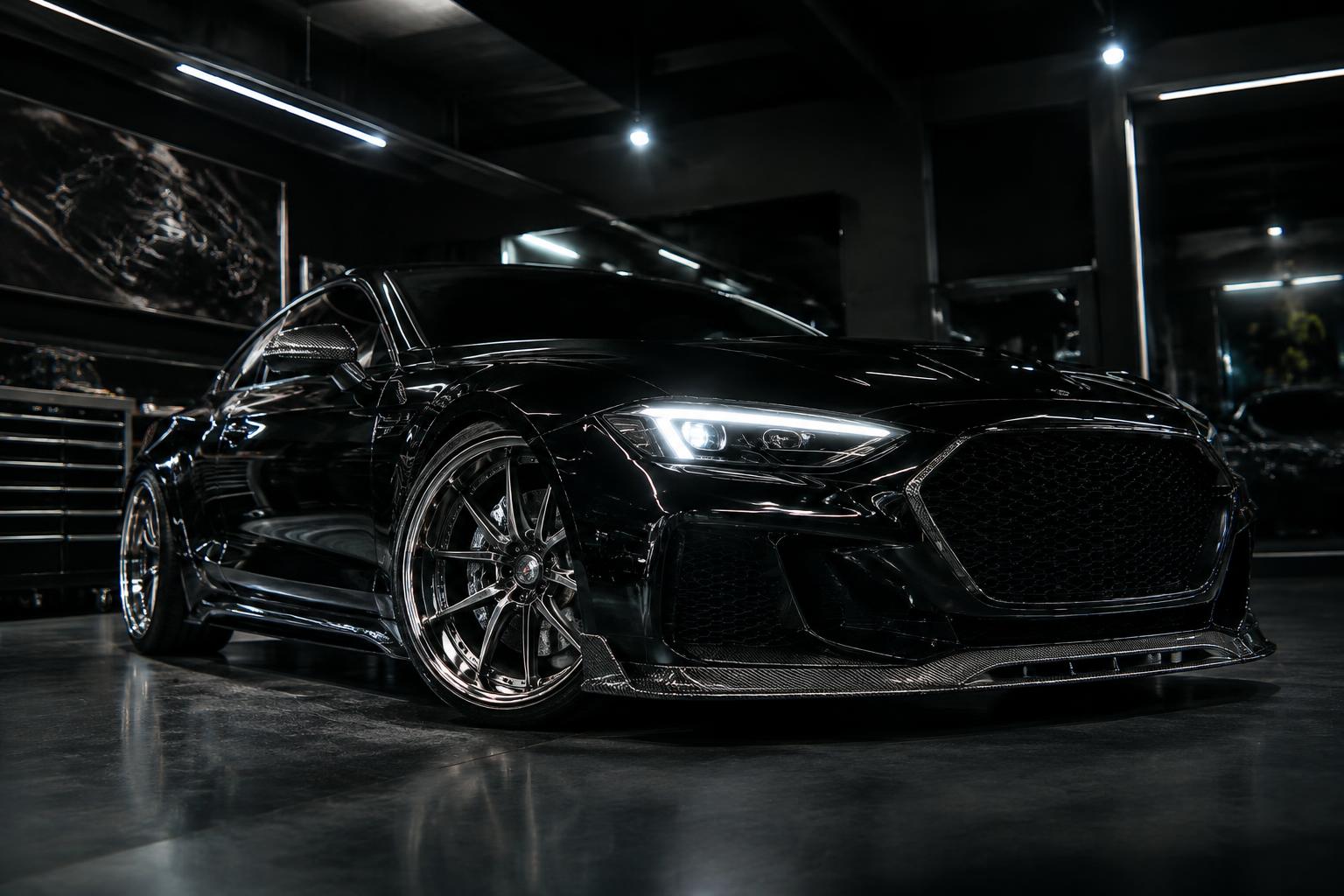 Black custom performance car with aftermarket wheels and carbon lip