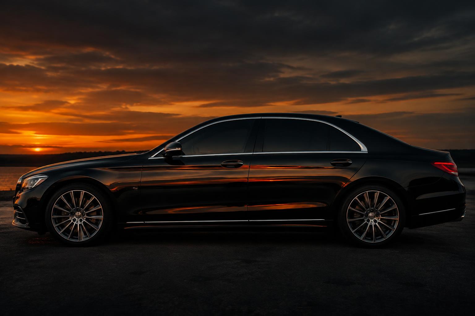 Black luxury sedan with dark window tint at sunset in San Diego